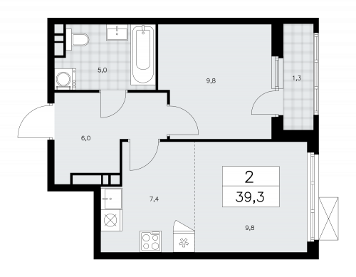 2-комнатная, 39.3 м²