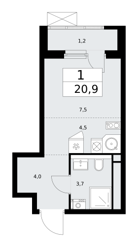 1-комнатная, 20.9 м²