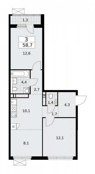3 комнаты до 58.7