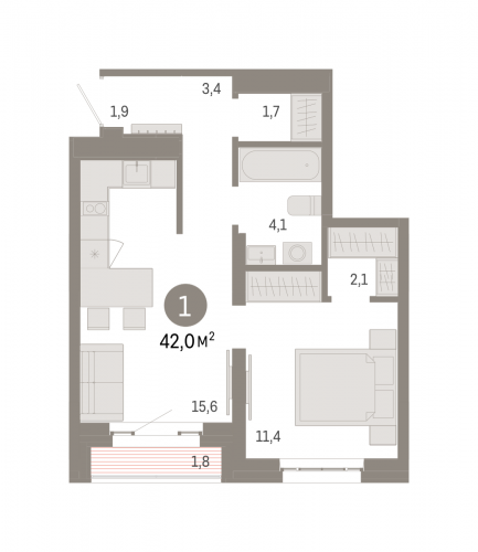 1-комнатная, квартира, 42 м²