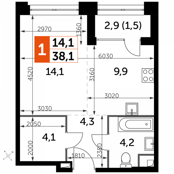 1 комната до 38.1