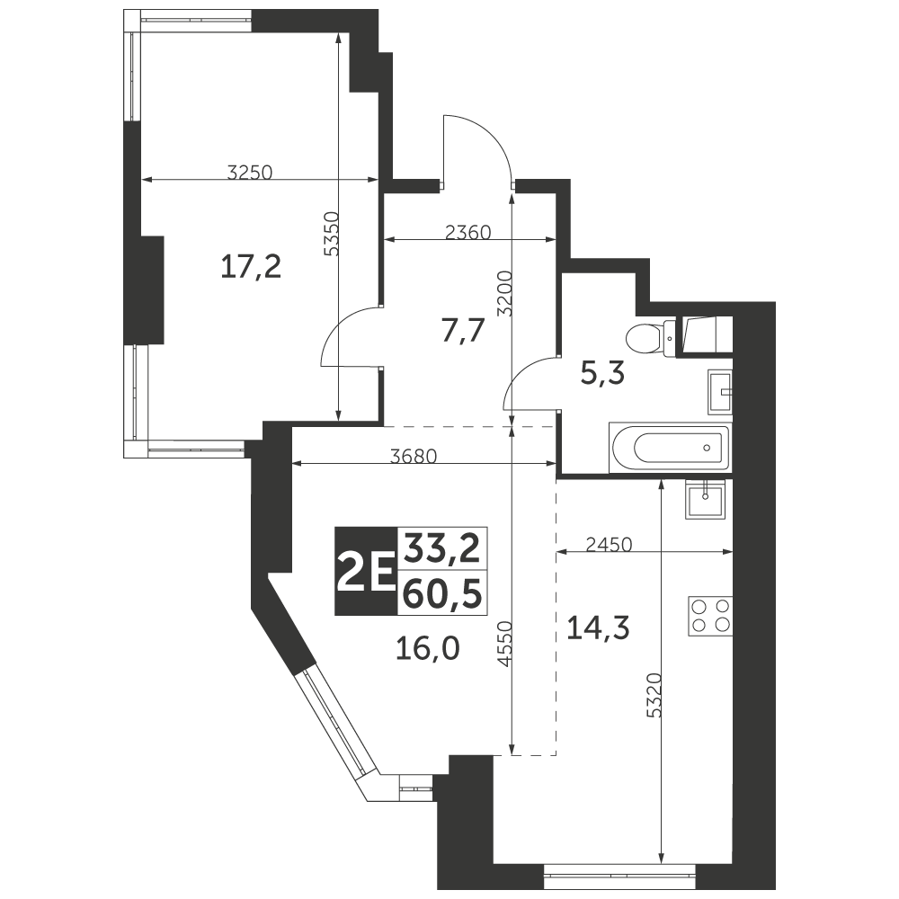 2-комнатная квартира №1027, 60,5 м² за 28,54 млн руб. в ЖК  «Архитектор» - планировка