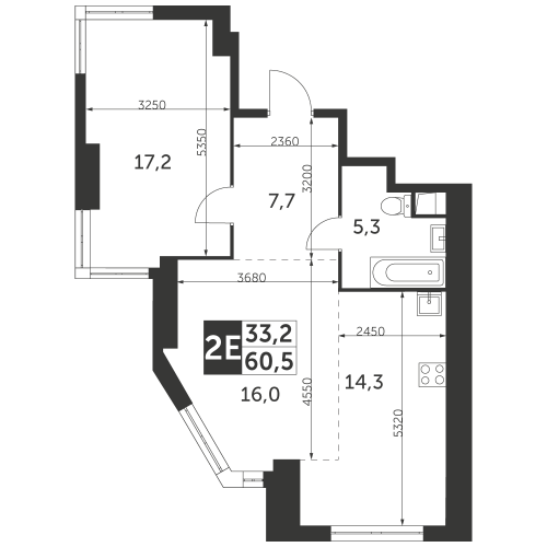 2-комнатная, квартира, 60.5 м²