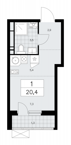 1-комнатная, 20.4 м²