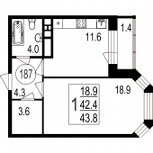 1-комнатная квартира 43,8 м²