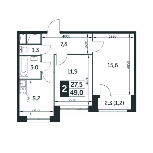 2-комнатная, квартира, 48.7 м²