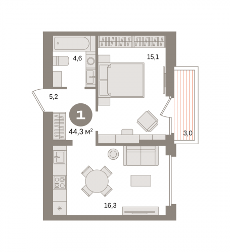 1-комнатная, квартира, 44.28 м²