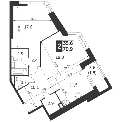 2-комнатная, квартира, 70.9 м²