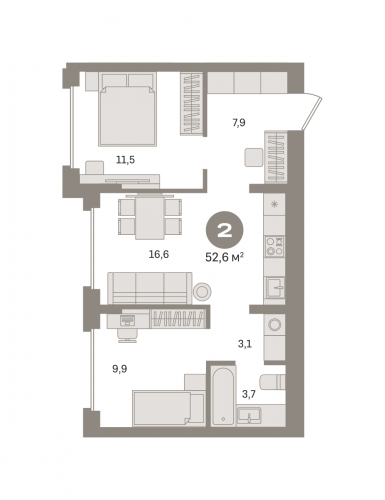 2-комнатная, квартира, 52.56 м²