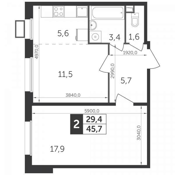 2 комнаты до 45.5