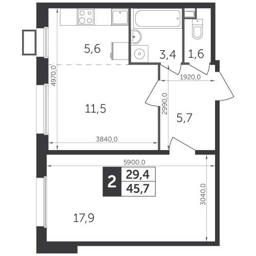 2-комнатная, квартира, 45.5 м²
