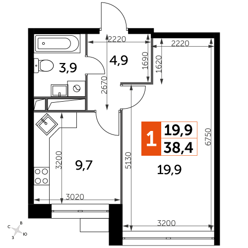 1-комнатная, 38.4 м²