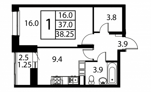 1-комнатная, квартира, 38.25 м²