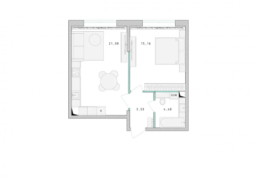 1-комнатная, квартира, 43.6 м²