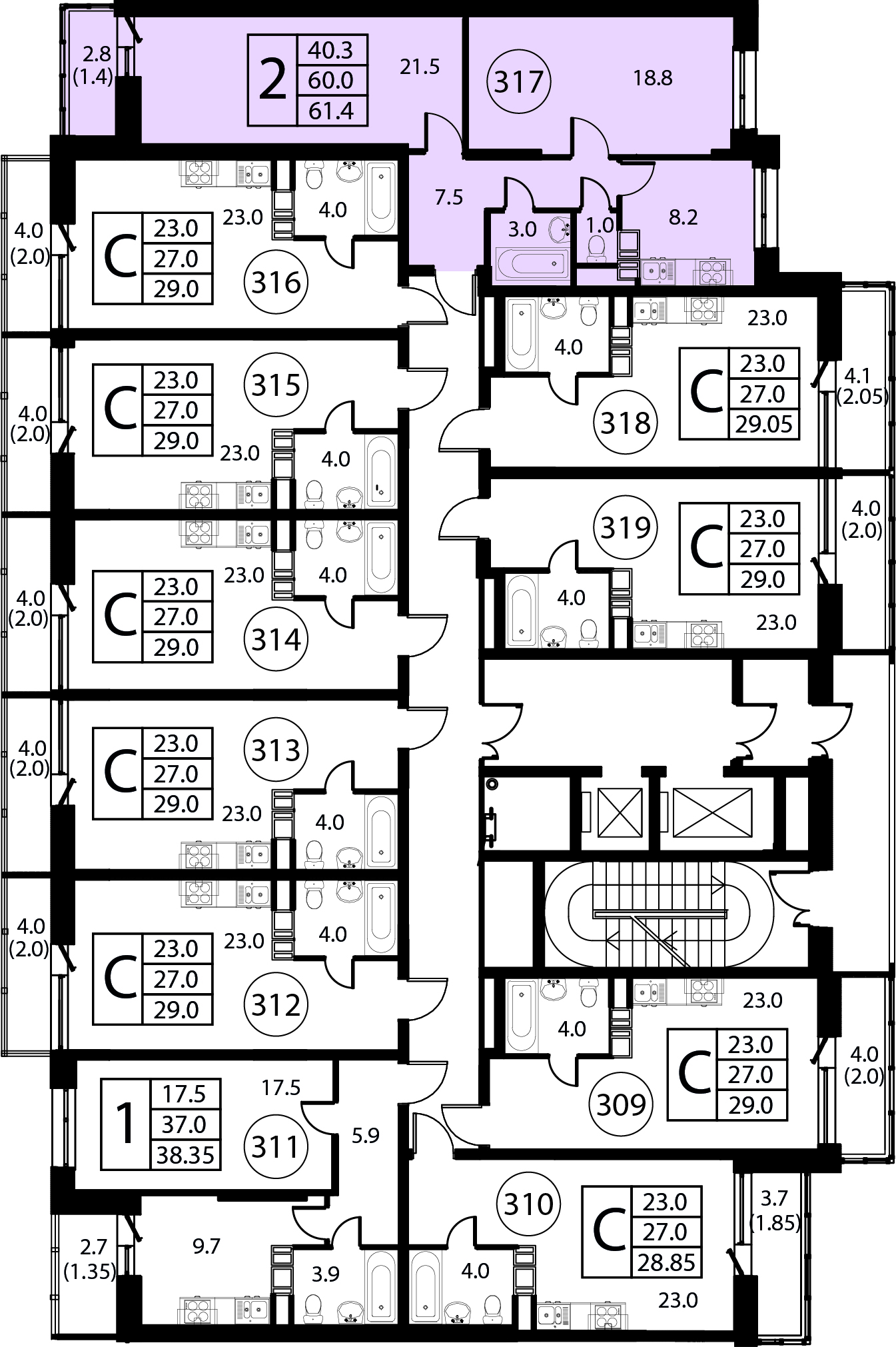 2-комнатная квартира №317, 61,4 м² за 9,46 млн руб. в ЖК «Космос» - планировка