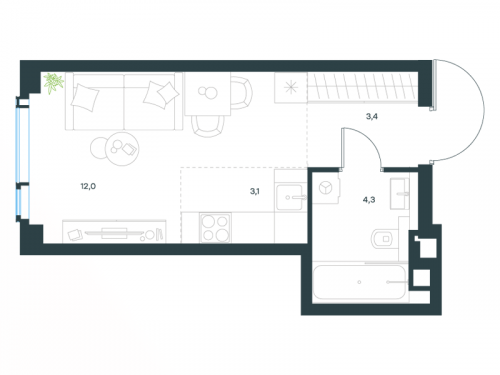 Студия, 22.8 м²