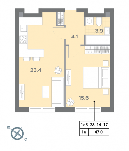 1-комнатная, квартира, 47 м²
