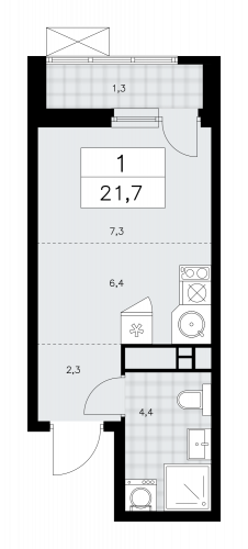 1-комнатная, 21.7 м²