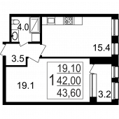 1-комнатная квартира 43,6 м²