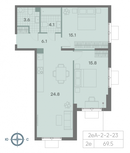 2-комнатная, квартира, 69.5 м²