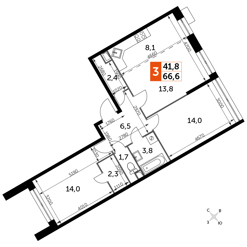 3-комнатная квартира №170, 66,6 м² за 16,60 млн руб. в ЖК «Датский квартал» - планировка