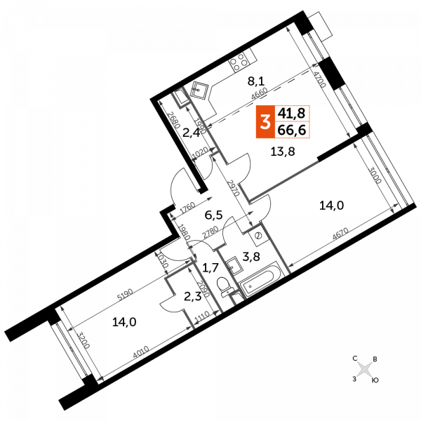 3 комнаты до 66.6