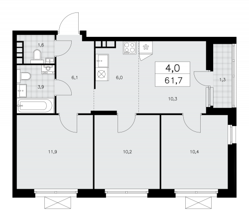 Многокомнатная, 61.7 м²