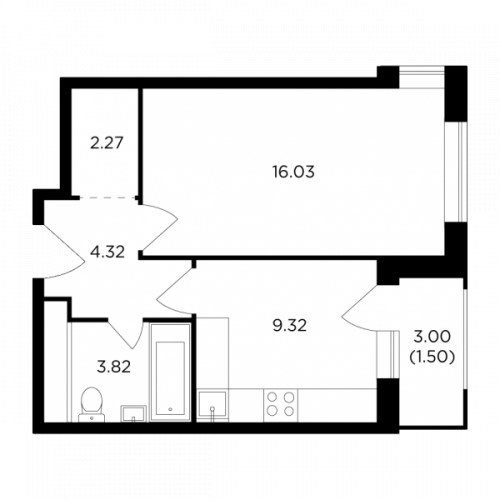 1-комнатная, 37.26 м²