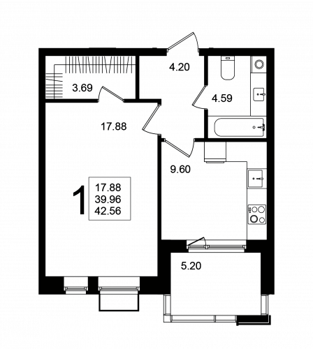 1-комнатная, квартира, 42.56 м²