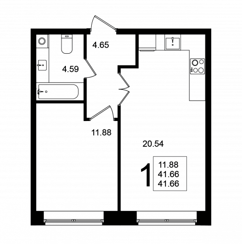 1-комнатная, квартира, 41.66 м²