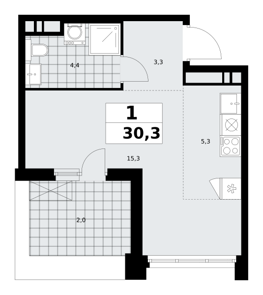 1-комнатная квартира №58К-7.1.3-541, 30,3 м² за 12,03 млн руб. в ЖК «Прокшино» - планировка