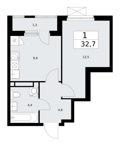 1-комнатная, 32.7 м²