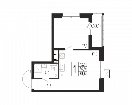 1-комнатная, квартира, 38.6 м²