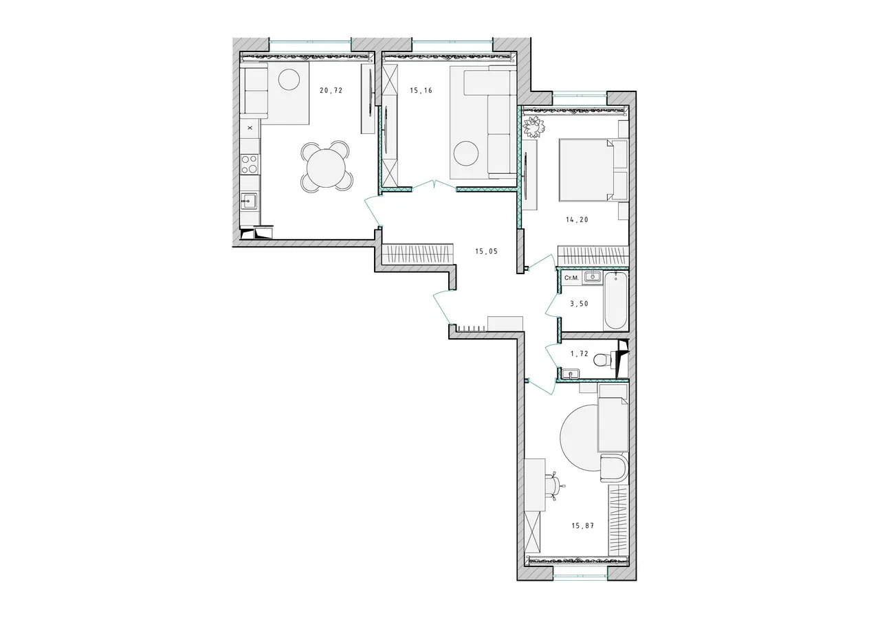 3-комнатная квартира №203, 86,0 м² за 11,32 млн руб. в ЖК «Серебро» - планировка