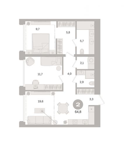 2-комнатная, квартира, 64.8 м²