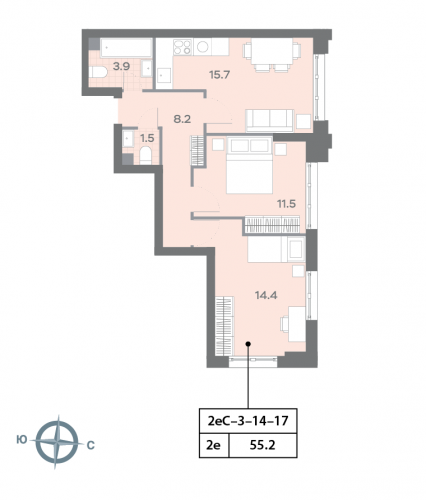 2-комнатная, квартира, 55.3 м²