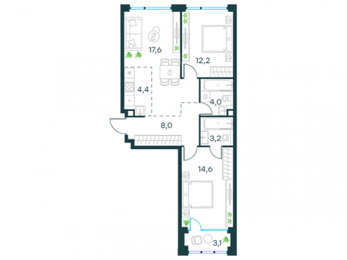 3-комнатная, квартира, 65.6 м²