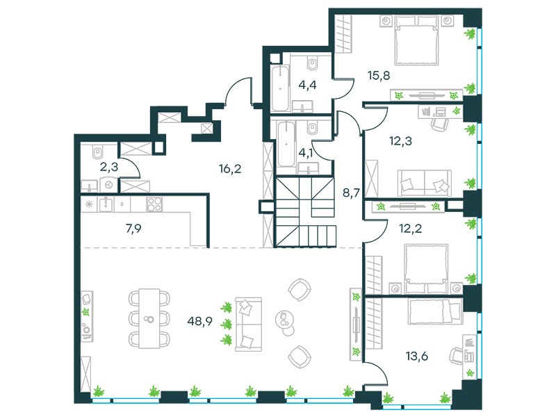 8-комнатные апартаменты №355, 249,1 м² за 92,60 млн руб. в ЖК «Level Мичуринский» - планировка