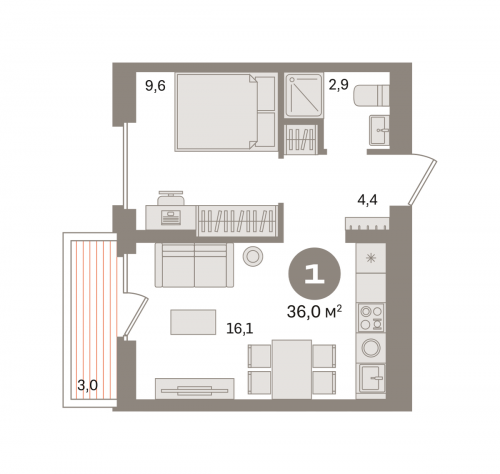 1-комнатная, квартира, 36.01 м²