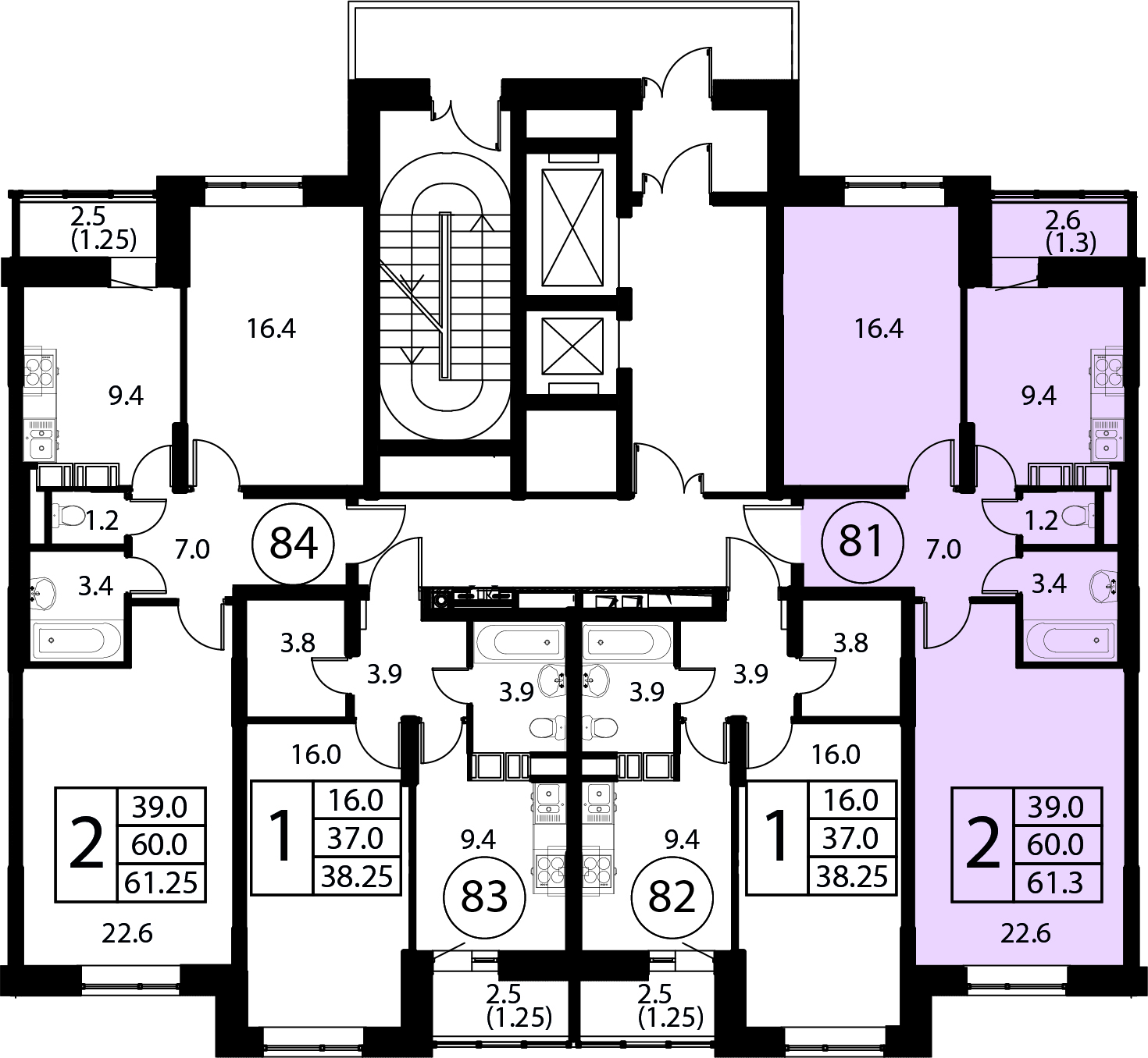 2-комнатная квартира №81, 61,3 м² за 9,44 млн руб. в ЖК «Космос» - планировка