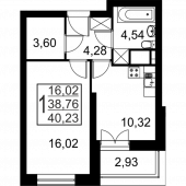 1-комнатная квартира 40,23 м²