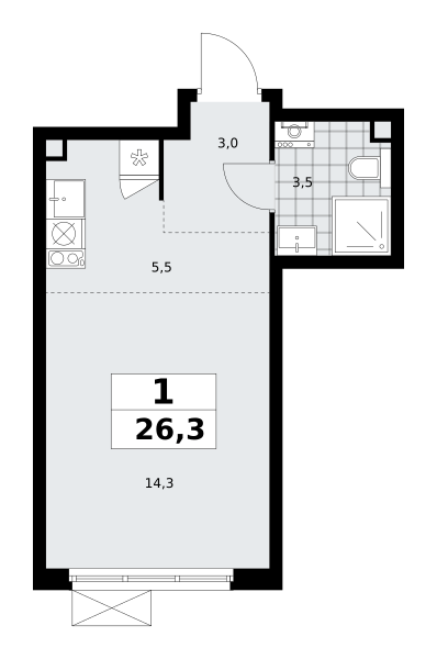 1-комнатная квартира №23К-18.2.4-484, 26,3 м² за 7,61 млн руб. в ЖК «Скандинавия» - планировка