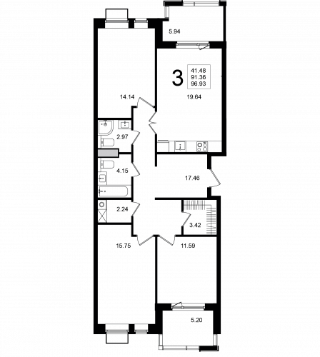 3-комнатная, квартира, 96.93 м²