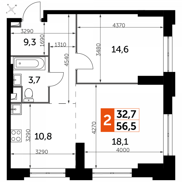 2 комнаты до 56.5