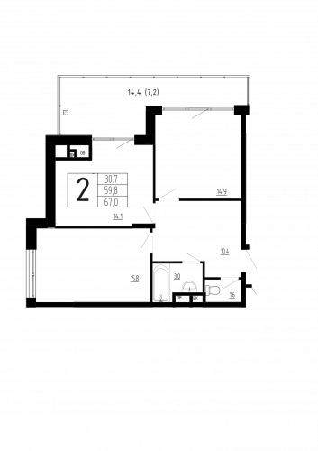 2-комнатная, квартира, 67 м²