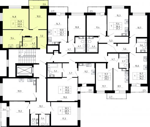 2-комнатная, квартира, 45.6 м²