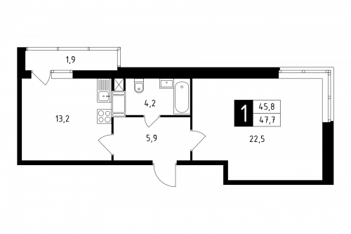 1-комнатная, квартира, 47.7 м²
