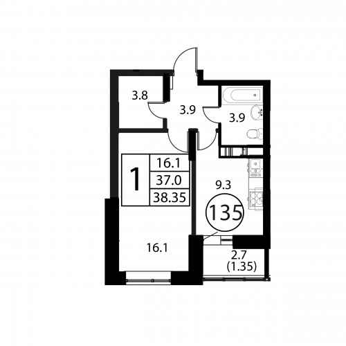 1-комнатная, квартира, 38.35 м²