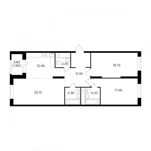 3-комнатная, 97.48 м²