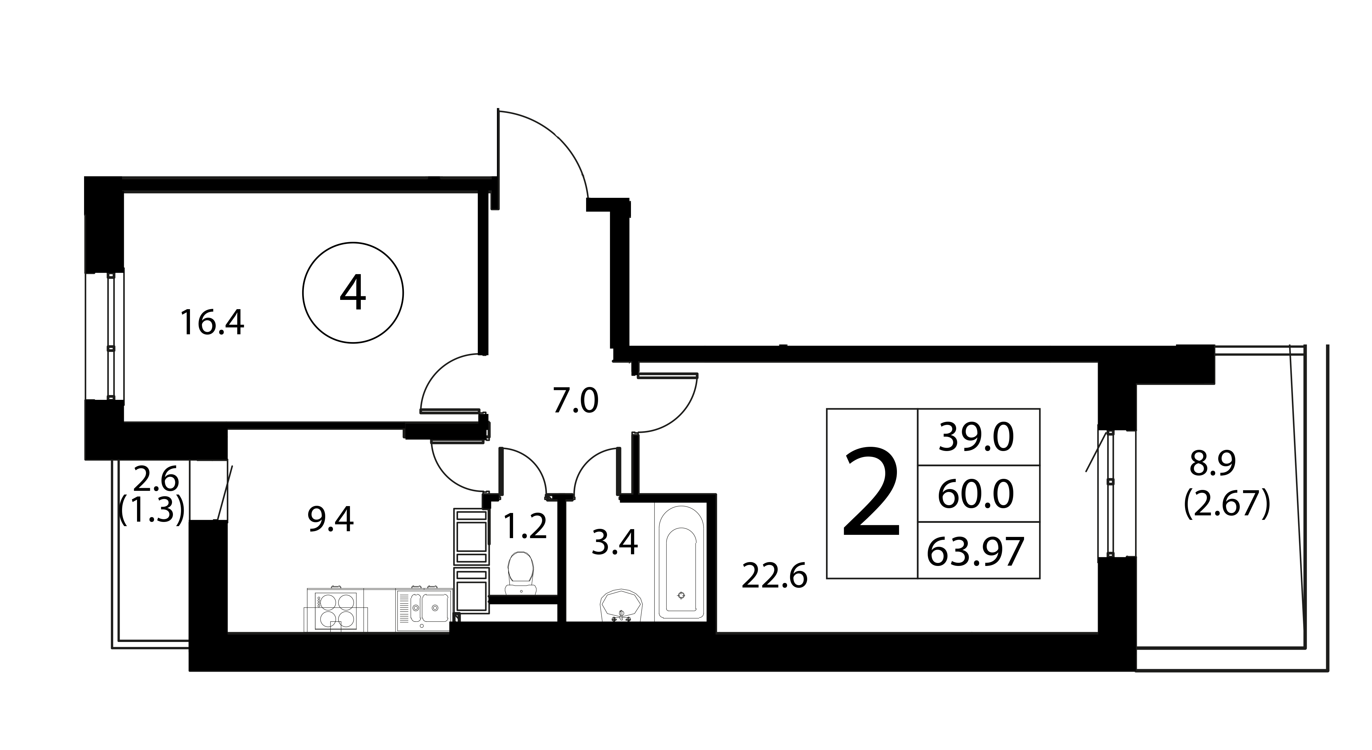 2-комнатная квартира №4, 64,0 м² за 9,24 млн руб. в ЖК «Космос» - планировка